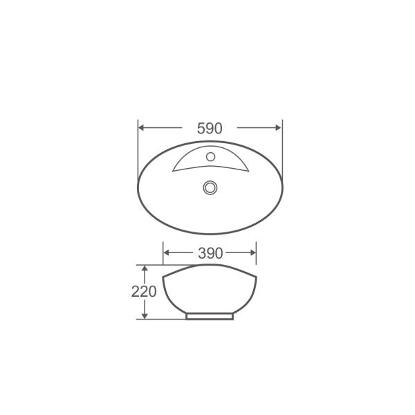 Boat 59M Oval Above Counter Basin with Mixer Hole 590 x 390 x 220 mm