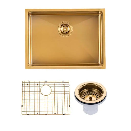 Brushed Brass Stainless Steel PVD Single Bowl Kitchen Sink 600x450x230mm Aquaperla