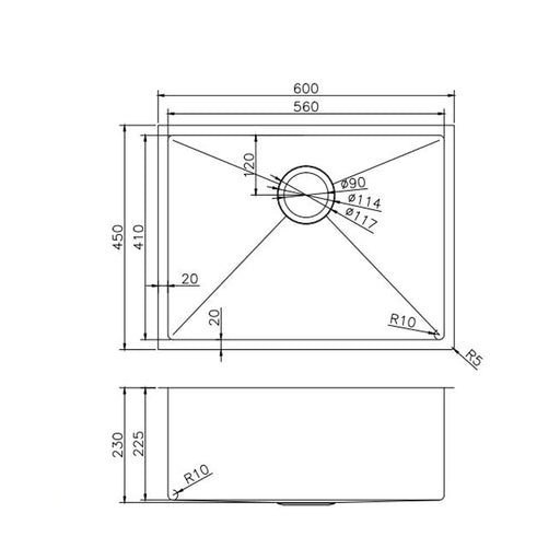 Brushed Brass Stainless Steel PVD Single Bowl Kitchen Sink 600x450x230mm Aquaperla