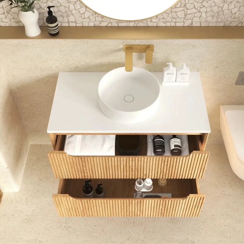 Byron Fluted Wall Hung Vanity Woodland Oak 600mm/750mm/900mm - FIL Kitchen Bathroom