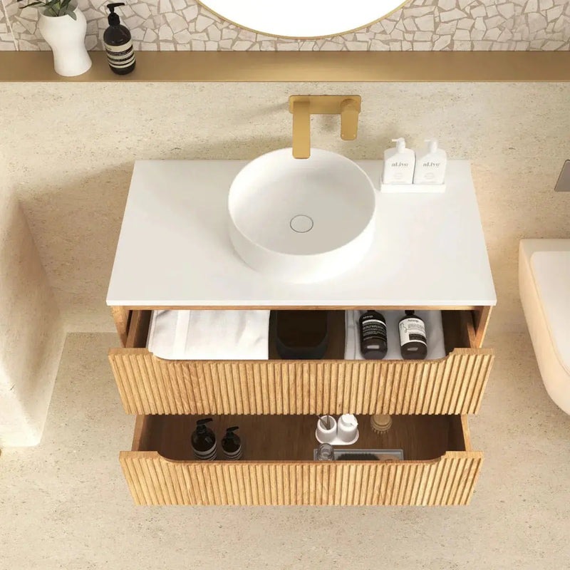 Byron Fluted Wall Hung Vanity Woodland Oak 600mm/750mm/900mm - FIL Kitchen Bathroom
