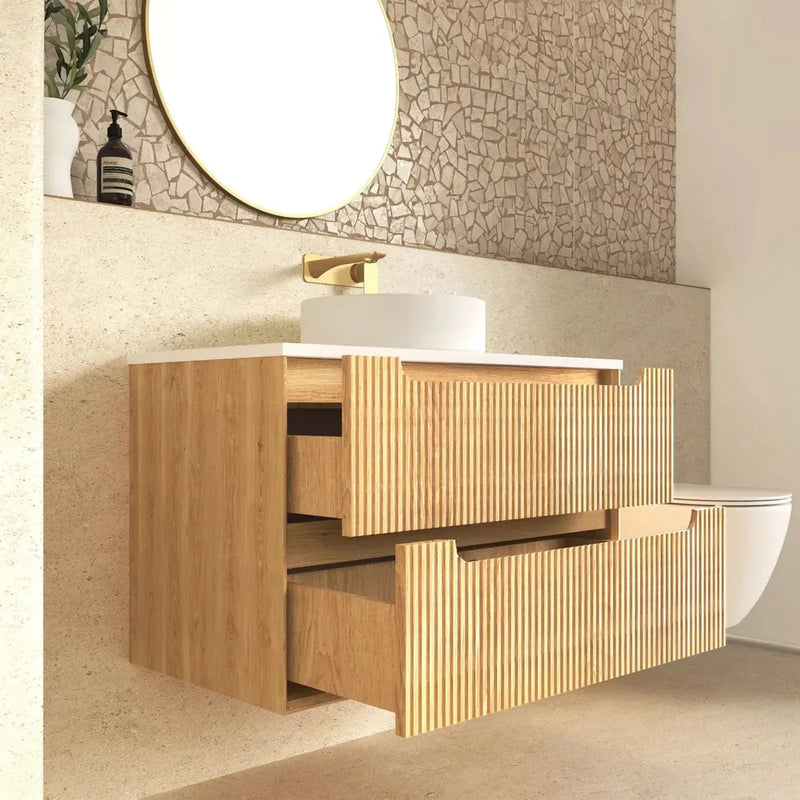 Byron Fluted Wall Hung Vanity Woodland Oak 600mm/750mm/900mm - FIL Kitchen Bathroom