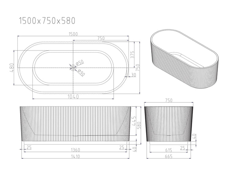 Rose Fluted V-Groove Freestanding Bathtub - Matt White mercioaustralia
