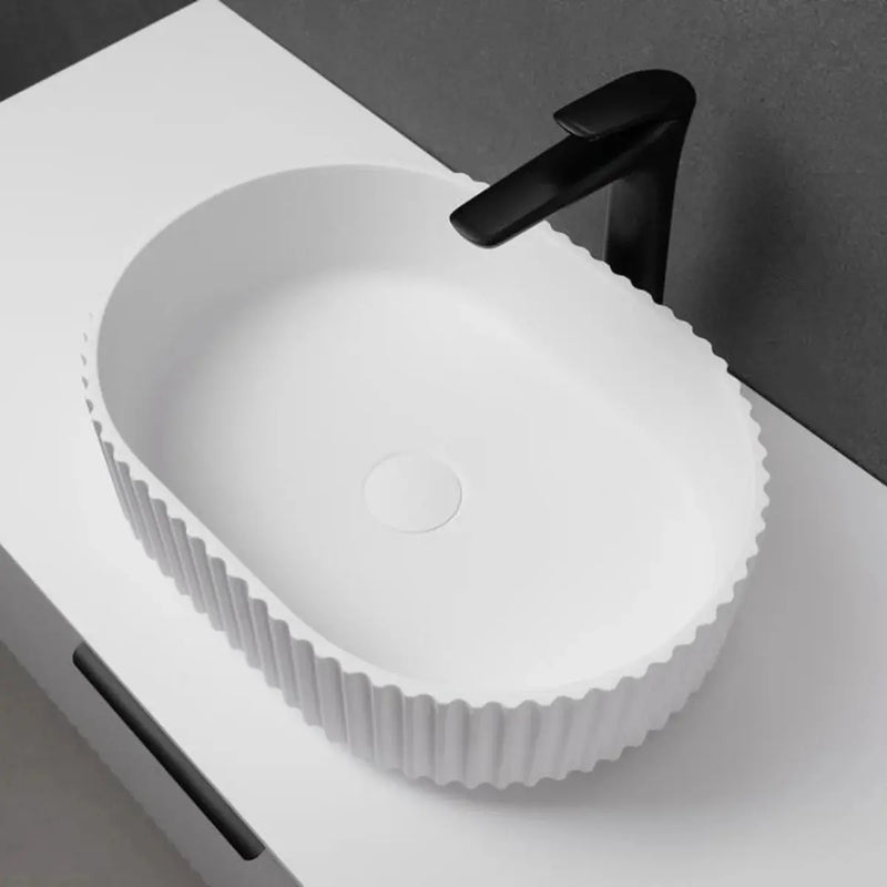 Ally Fluted Solid Surface Stone Oval Basin  480x345x140mm - FIL Kitchen Bathroom