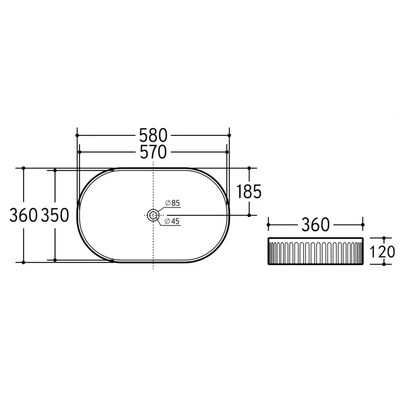 Fluted Oval Above Counter Basin Matte Black 580x360x120mm - FIL Kitchen Bathroom