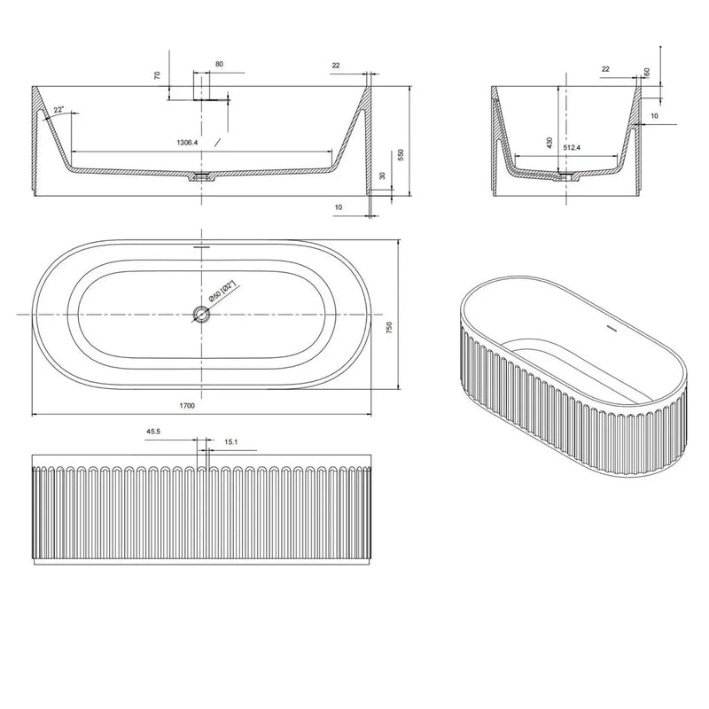 Cascade Solid Surface Stone Freestanding Bathtub Matte White (1700mm) - FIL Kitchen Bathroom