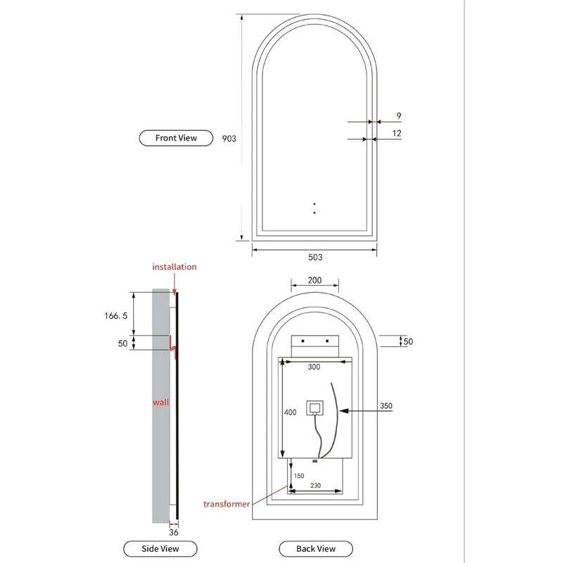 AULIC CANTERBURY LED MIRROR FRAMELESS 3 COLOUR LIGHTS 500X900MM - FIL Kitchen Bathroom