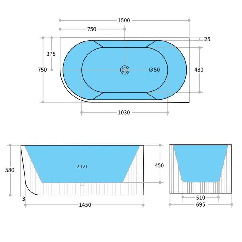 CAPRI FREESTANDING RIGHT CORNER BATHTUB MATTE WHITE 1500MM/1700MM CETO