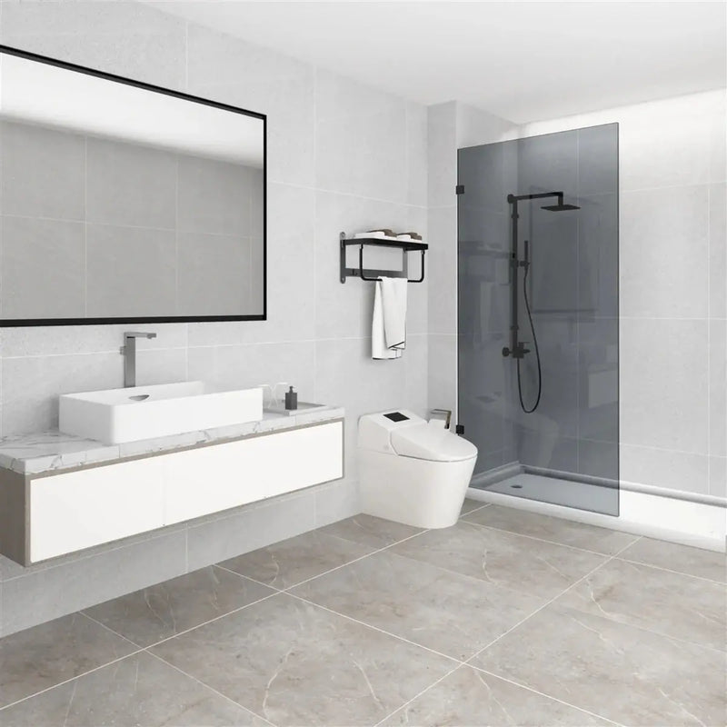 GREY GLASS AND BLACK FRAMELESS FIX PANEL FIL Kitchen Bathroom