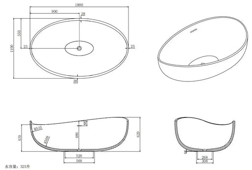 Waverly Solid Surface Stone Free Standing Bathtub Matte Black 1800mm CETO