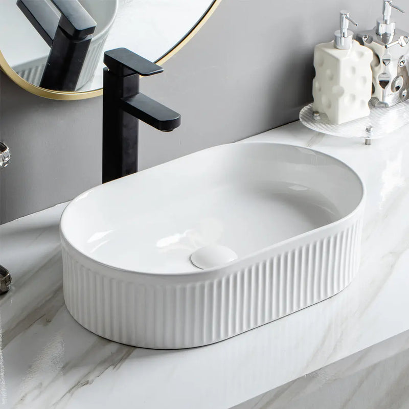 Lukka Ellips Fluted Fine Ceramic Above Counter Basin (490mm) Lukka