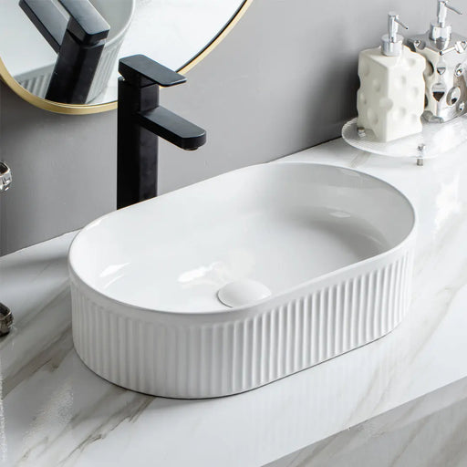 Lukka Ellips Fluted Fine Ceramic Above Counter Basin (490mm) Lukka