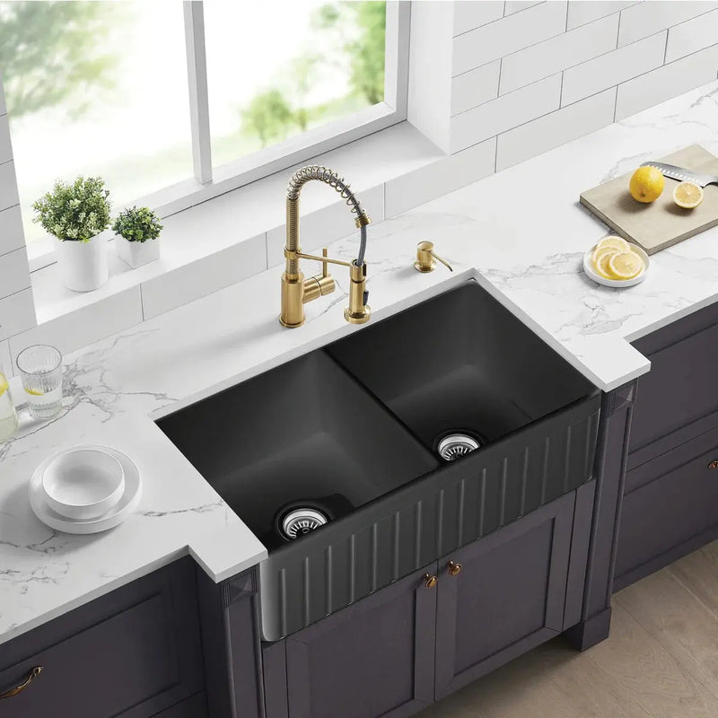 DOUBLE BOWL FIRECLAY KITCHEN SINK GLOSS WHITE/MATTE BLACK 838MM CETO