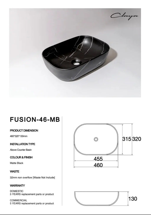 Claya Fusion-46 Above-Counter Basin – Matte Black Carrara Claya