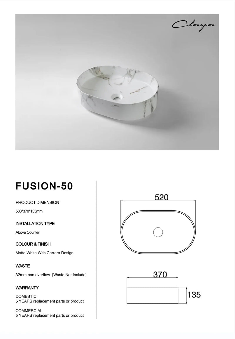 Fusion 50 Carrara Above Counter Basin – Matte White Claya