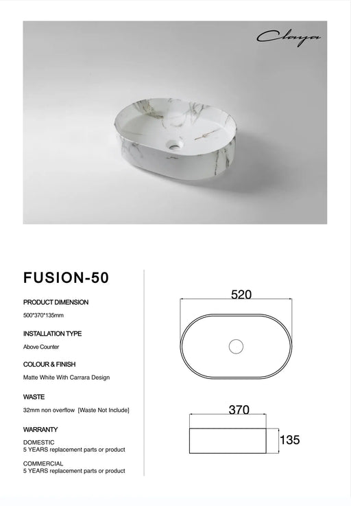 Fusion 50 Carrara Above Counter Basin – Matte White Claya
