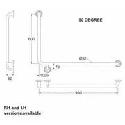 Assist Grab Rail 950*600mm Left Hand Bar 90 Degree Ambulant Accessories Special Needs Stainless Steel 304 FIL Kitchen Bathroom