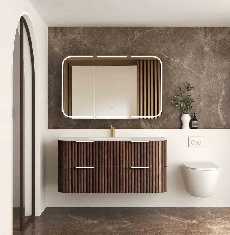 HAVANA Wall Hung Fluted Curve Vanity Sable Walnut Cabinet Only (600MM/750MM/900MM/1200MM/1500MM/1800MM) - FIL Kitchen Bathroom