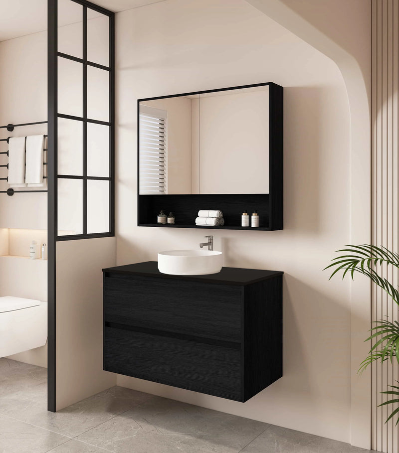 HERA 900mm Wall-Hung Vanity - Black Oak mercioaustralia