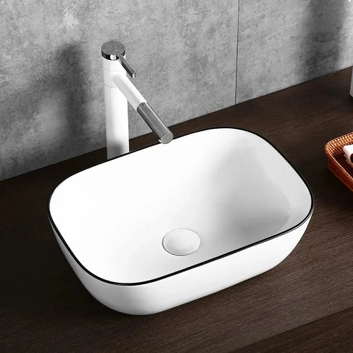 Above Counter Ceramic Basin Gloss White With Black Rim Bathroom Rectangle Basin 460x330x135mm - FIL Kitchen Bathroom