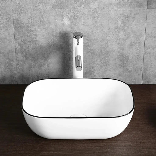 Above Counter Ceramic Basin Gloss White With Black Rim Bathroom Rectangle Basin 460x330x135mm - FIL Kitchen Bathroom