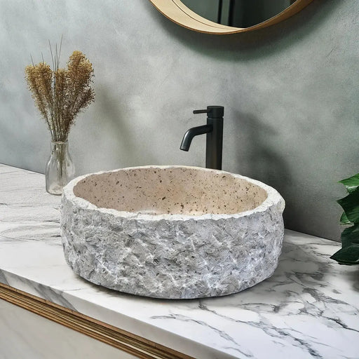Above Counter Natural Stone Raw Edge Basin Beige Speckle Vintage Antique 420X420X140mm - FIL Kitchen Bathroom