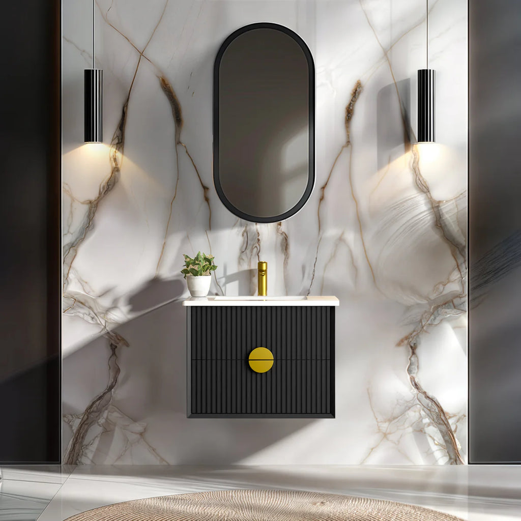 Kingo Fluted Wall Hung Vanity Matte Black 600mm/750mm/900mm