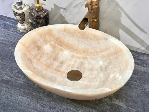 Above Counter Natural Stone Basin Oval Shape Yellow Onyx Marble 480X320X140mm - FIL Kitchen Bathroom