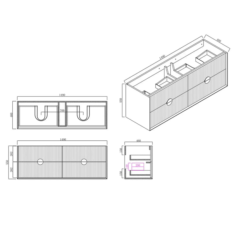 Kingo Fluted Wall Hung Vanity Matte Black  1200mm/1500mm - FIL Kitchen Bathroom