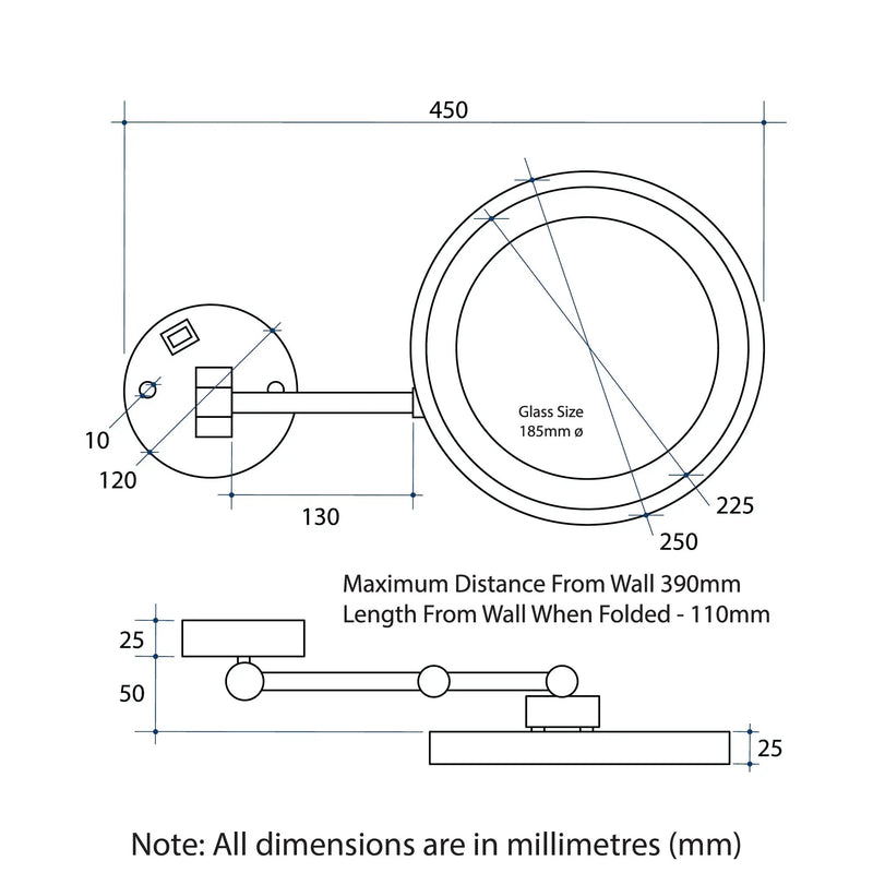 THERMOGROUP 3X MAGNIFIED LIT MIRROR WITH LIGHT MATTE BLACK 250MM - FIL Kitchen Bathroom