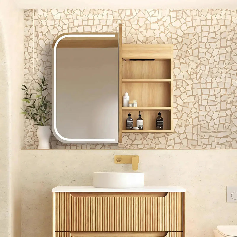 Newport LED Shaving Cabinet Natural Oak 900(W)x750(H) - FIL Kitchen Bathroom