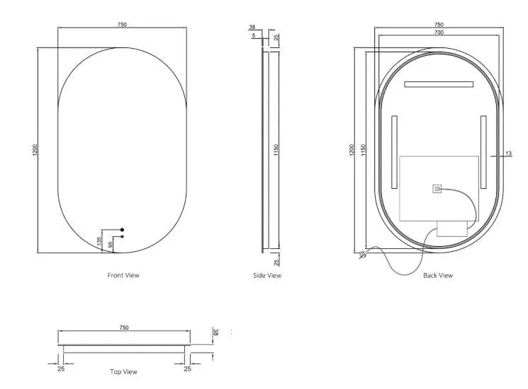 LED Noosa 1200(W)x750(H) Frameless Tuffi Mirror - Install Horizontal or Vertical - FIL Kitchen Bathroom