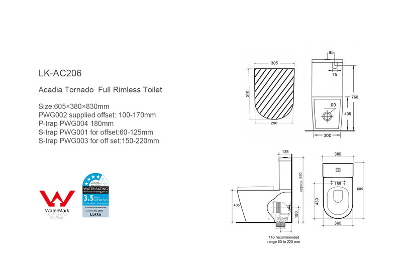 Acadia Compact Tornado Rimless Toilet Suite LK-AC206