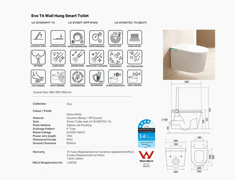 Evo Smart Wall Hung Pan With Smart Seat LK-EVSMTSC-T6