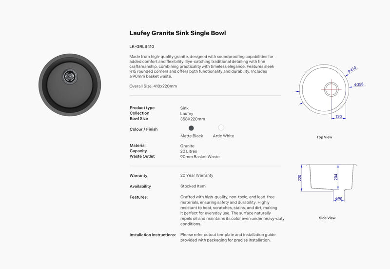 Laufey Granite Sink LK-GRLS410 specification