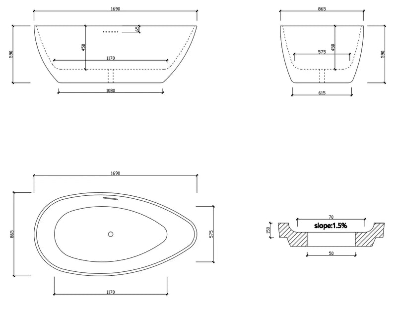 Nova Slim Free Standing Acrylic Bathtub LK-NV1690-OF/MW