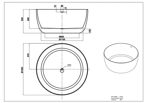 Olley Round Free-Standing Acrylic Overflow Bathtub LK-OL1350MW-OF Lukka