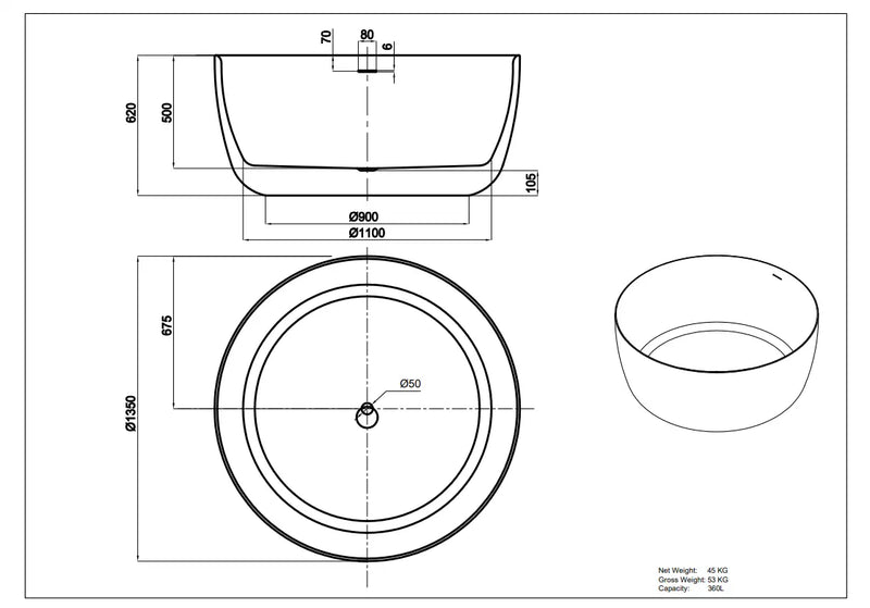 Olley Round Free Standing Acrylic Bathtub LK-OL1350-OF
