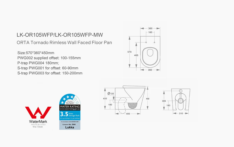 ORTA Tornado Rimless Wall Faced Floor Pan LK-OR105WFP/LK-OR105WFP-MW