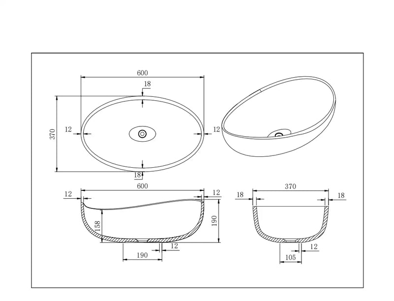 Lukka Waverton Solid Surface Stone Above Counter Basin (600mm) Lukka