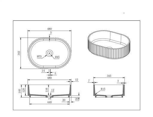 Lukka Ellips Fluted Solid Surface Above Counter Basin Lukka