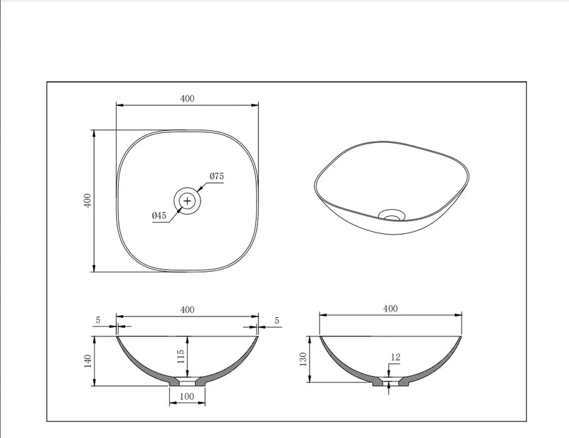 Lukka Perry Solid Surface Stone Above Counter Basin (400mm) Lukka