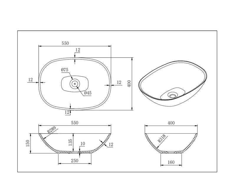 Lukka Perry Solid Surface Stone Above Counter Basin (550mm) Lukka