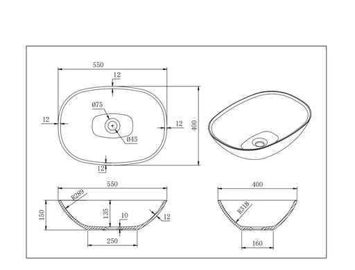 Lukka Perry Solid Surface Stone Above Counter Basin (550mm) Lukka