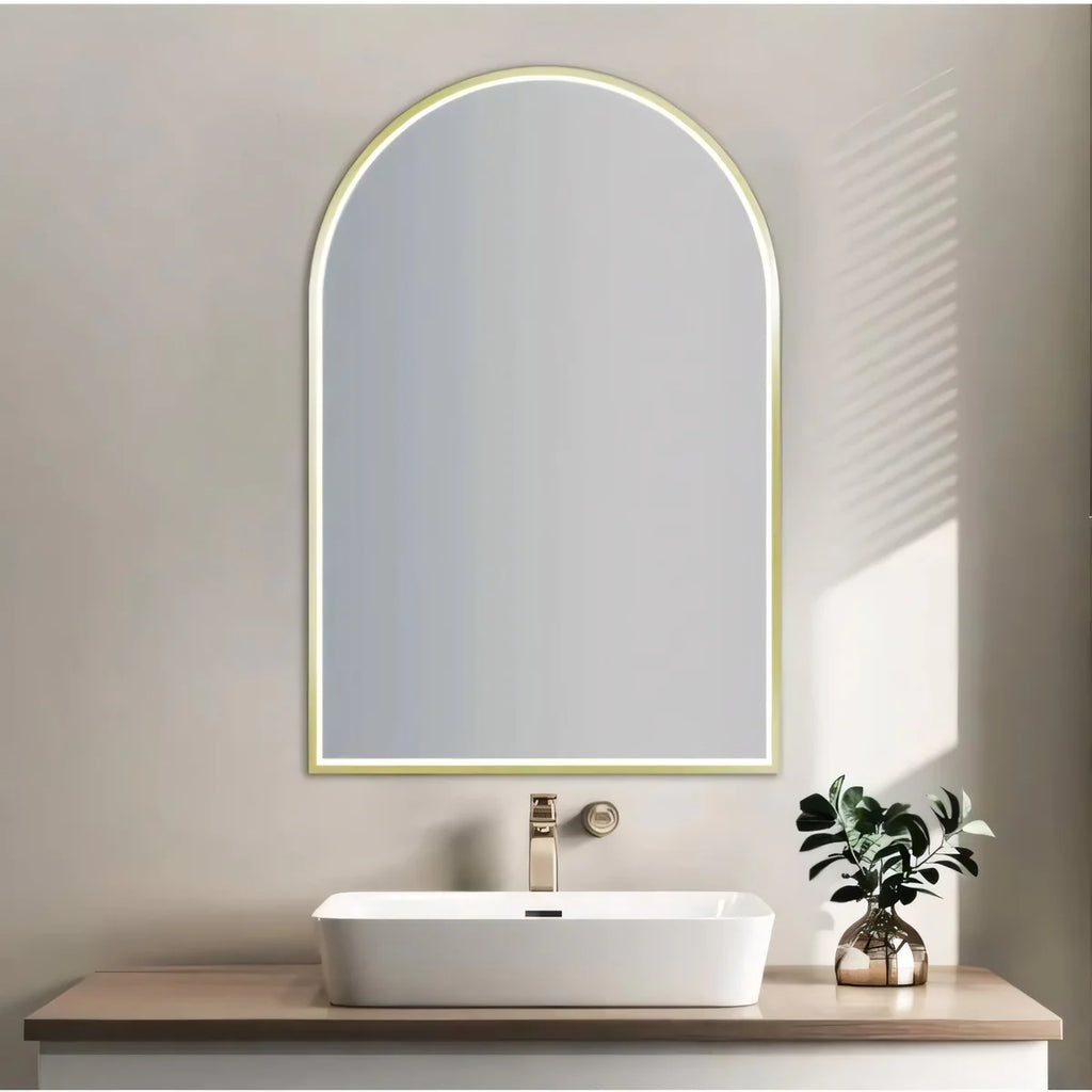 Arch LED Framed Bathroom Mirror Brushed Gold 600x900mm