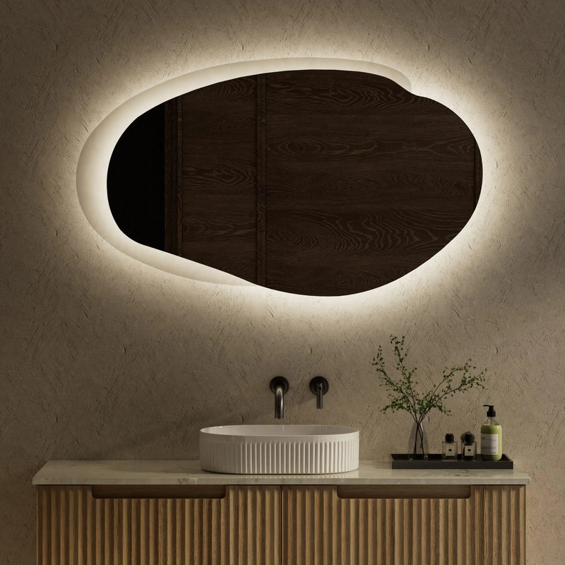 FRAMELESS LED MIRROR ASYMMETRICAL MATTE WHITE 1300MMX763MM - FIL Kitchen Bathroom