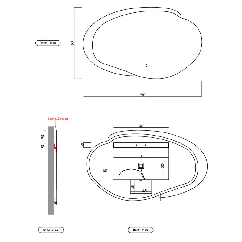 FRAMELESS LED MIRROR ASYMMETRICAL MATTE WHITE 1300MMX763MM - FIL Kitchen Bathroom