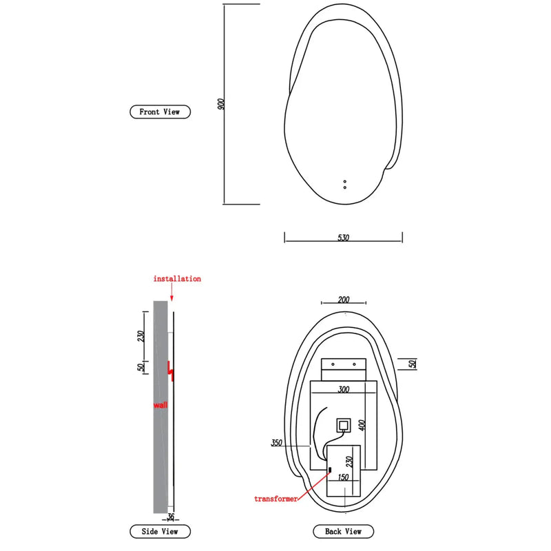 FRAMELESS LED MIRROR ASYMMETRICAL MATTE WHITE/MATTE GREY 530X900MM - FIL Kitchen Bathroom