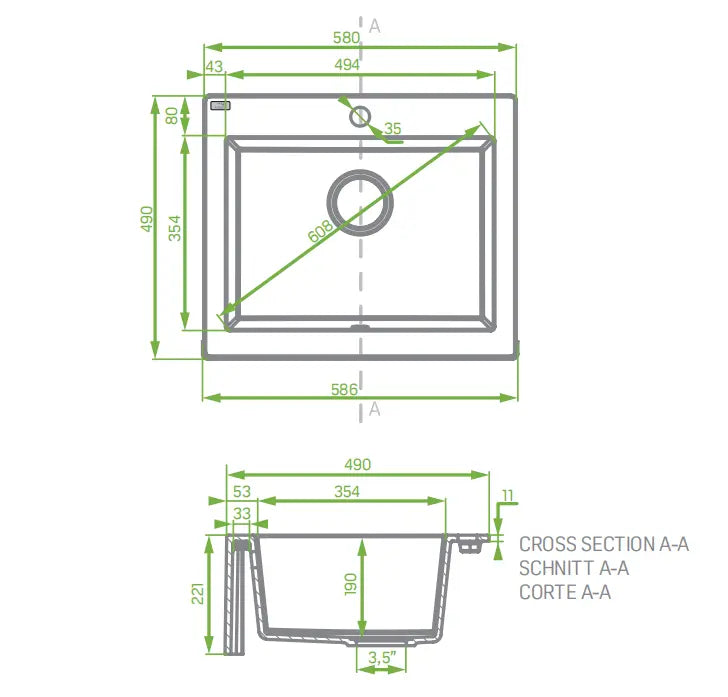 Grey Granite Single Bowl Kitchen Sink 490x580x220mm Aquaperla