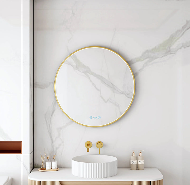 Maia 600/750/900mm LED Round Mirror – Brushed Gold Frame mercioaustralia